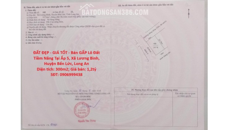 ĐẤT ĐẸP - GIÁ TỐT - Bán GẤP Lô Đất Tiềm Năng Tại Ấp 5, Xã Lương Bình, Huyện Bến Lức, Long An